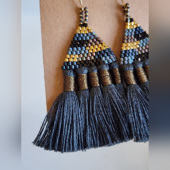 Handcrafted Blue and Gold Beaded Tassel Earrings - Picture 9 of 11